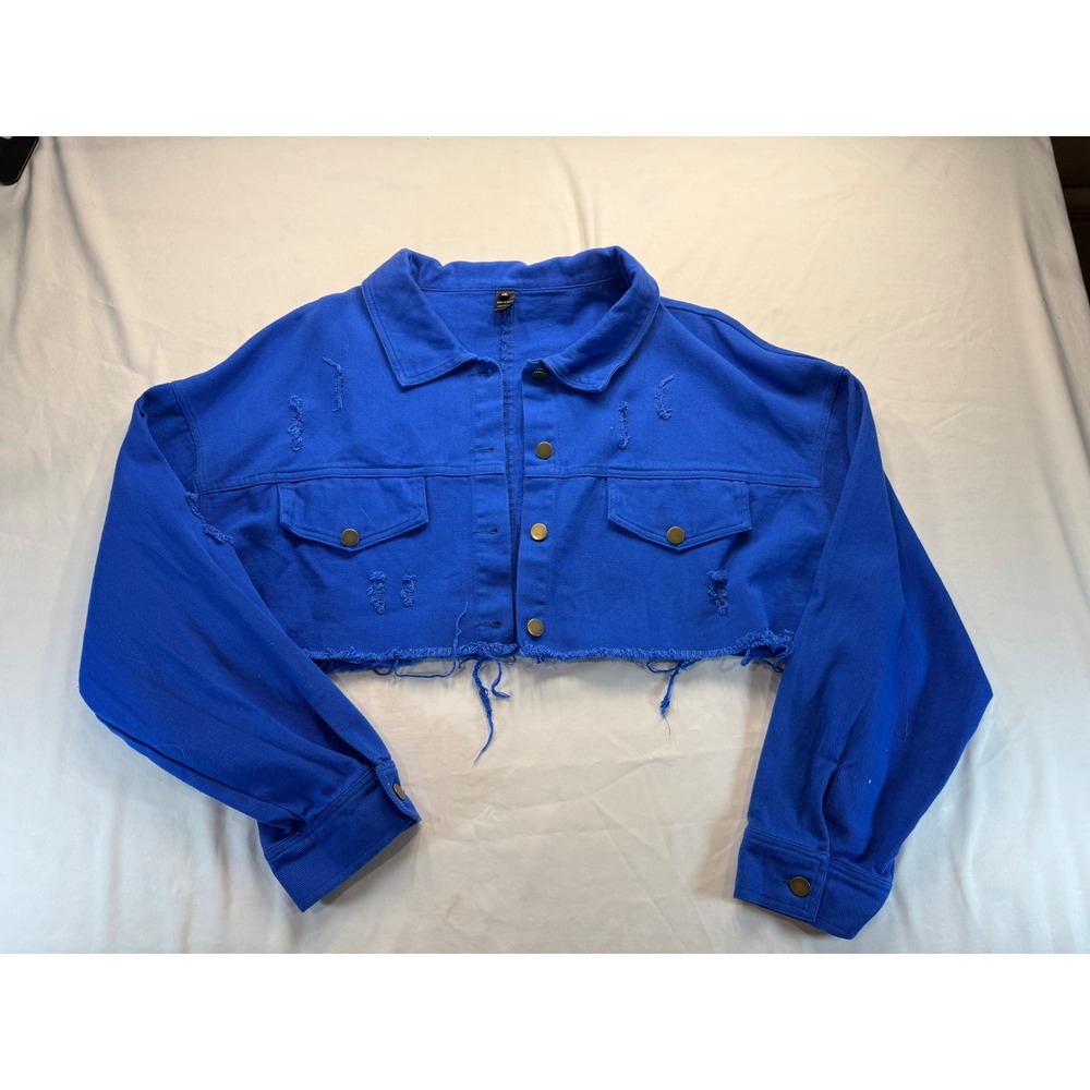 SHEIN SXY Women 4XL Royal Blue Cropped Denim Jacket Distressed Raw Hem